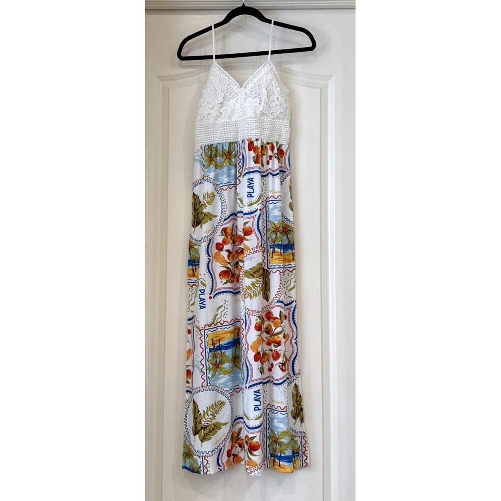 Derek Heart Floral Stamp Travel Maxi Dress Crochet Top Side Slits Beach‎ Cruise